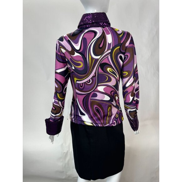 Psychedelic Patterned Jacket With Sequin Collar & Cuffs Sz Lg Zip Front Polyeste - Picture 2 of 16